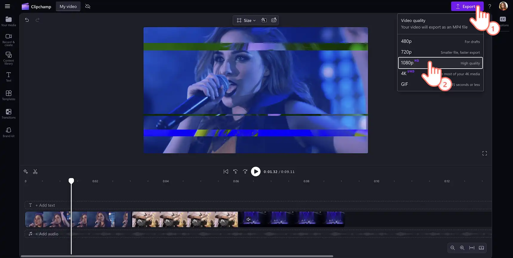 Imagem de um usuário salvando um vídeo em alta qualidade no Clipchamp. 