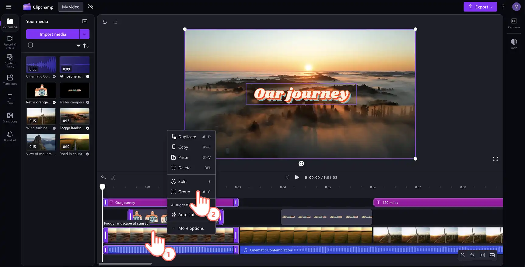 En bruger vælger videoaktiver for at oprette en gruppe i Clipchamp