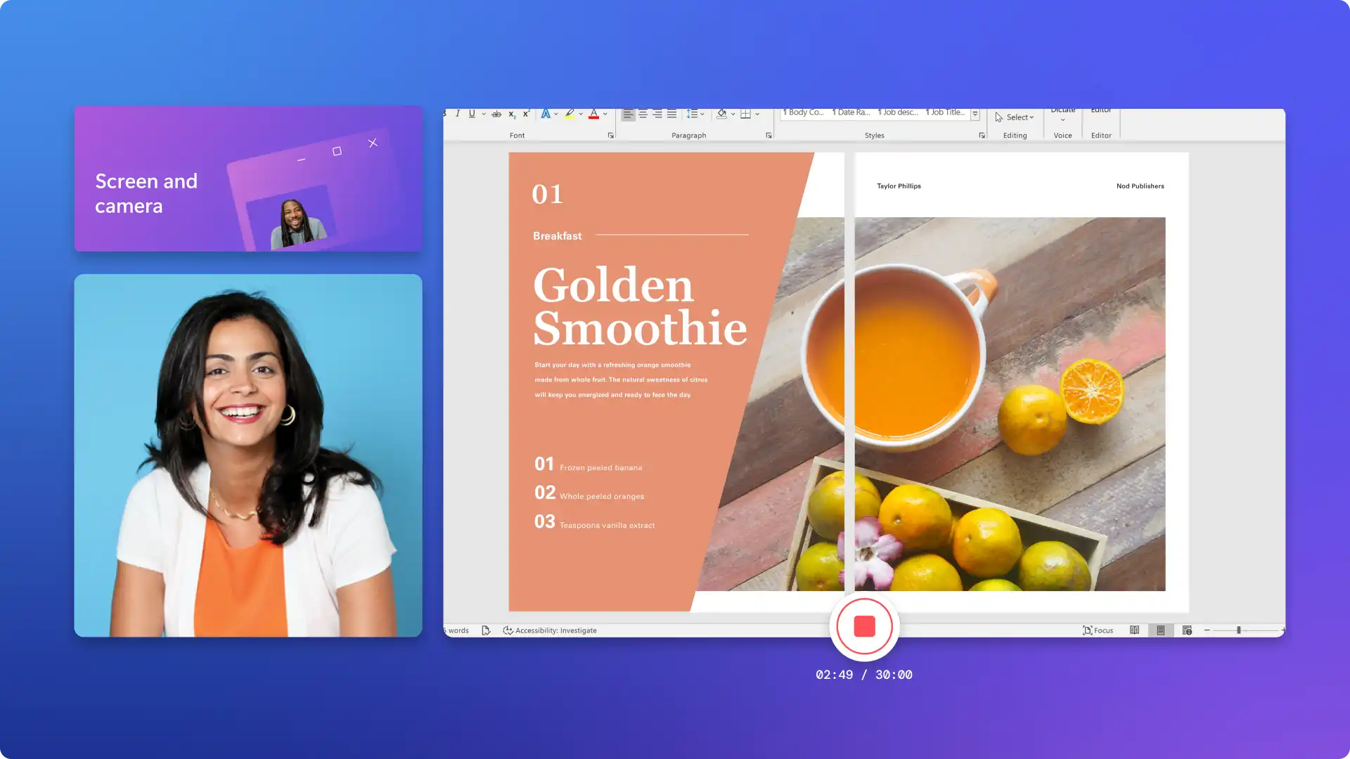 Imej seorang wanita menggunakan skrin Clipchamp dan ciri perakam kamera.