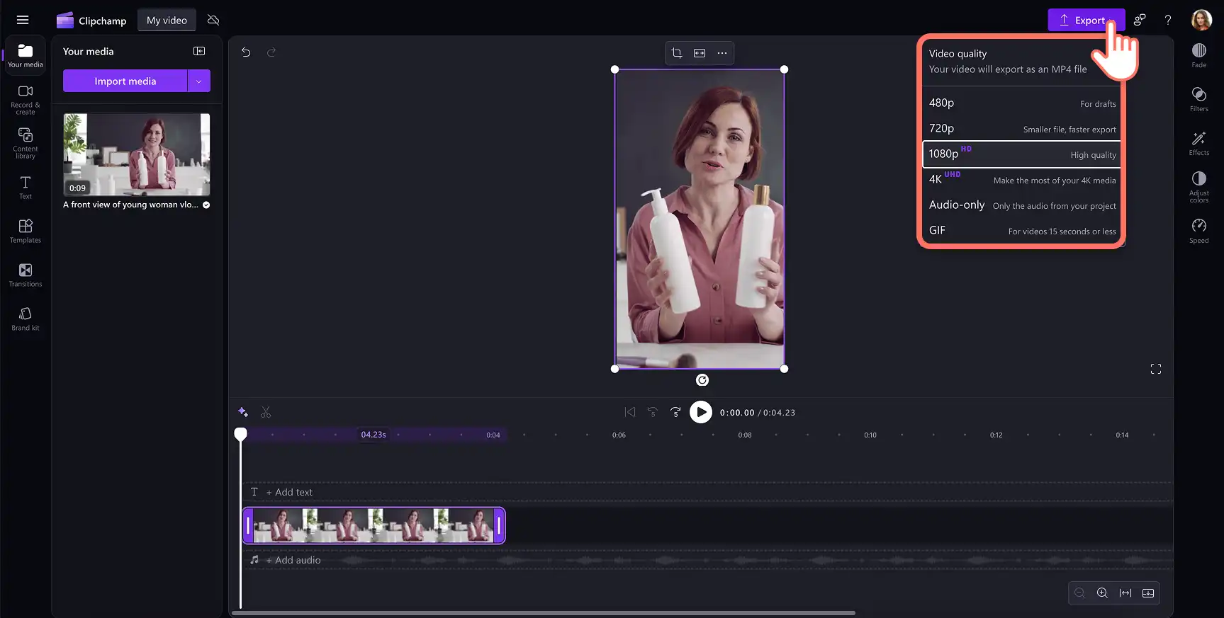 Clipchamp Instagram 릴 및 스토리의 크기가 조정된 비디오를 내보내는 사용자입니다. 