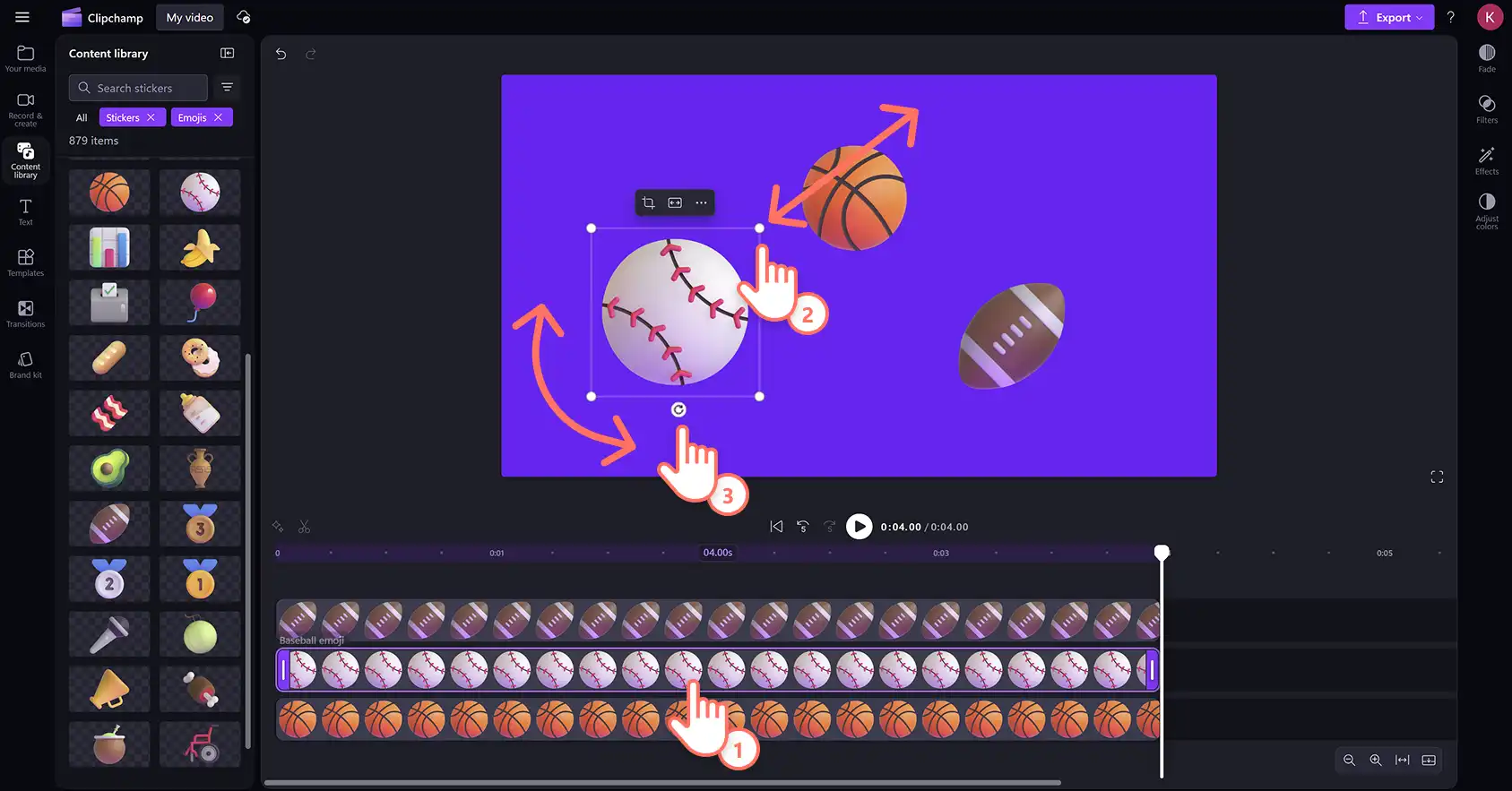 Ένας χρήστης επεξεργάζεται emoji με αυτοκόλλητα χρησιμοποιώντας το εργαλείο σχεδίασης στο πρόγραμμα επεξεργασίας βίντεο Clipchamp. 