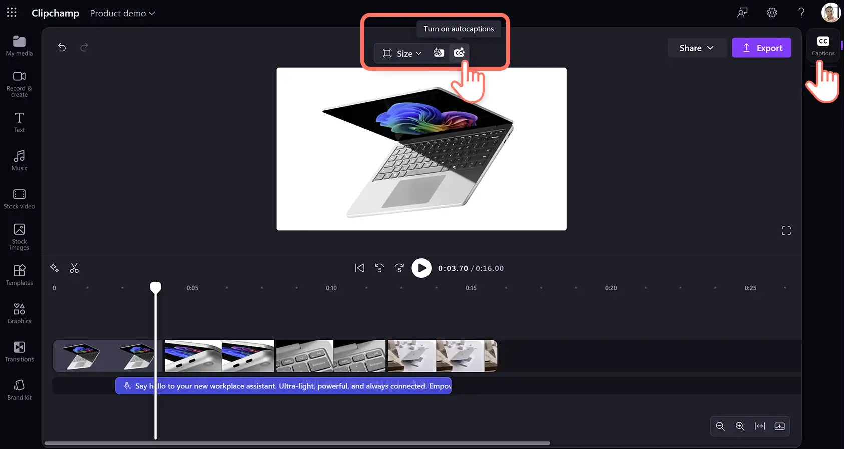 A user clicking on the autocaptions button in Clipchamp for work.