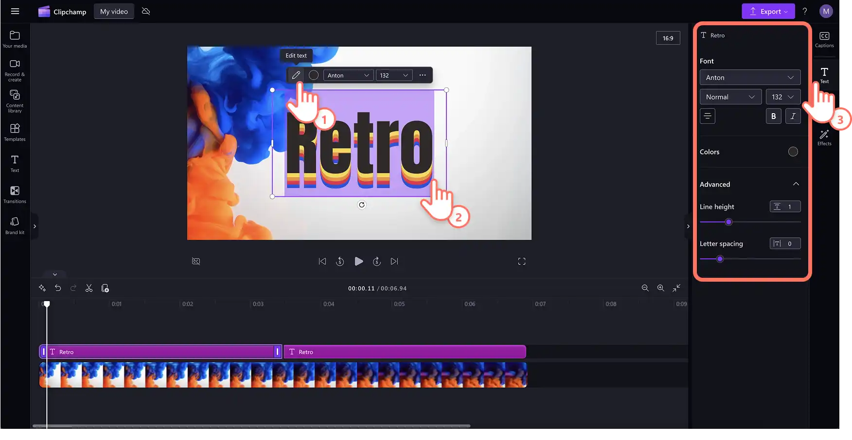 用户在 Clipchamp 中编辑标题内容
