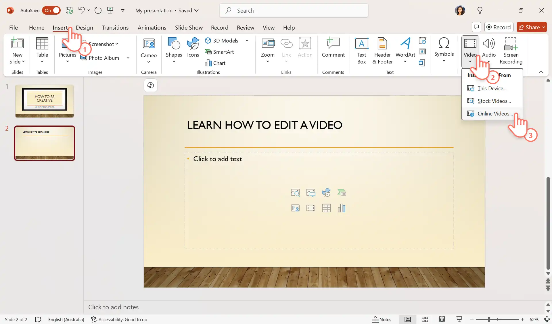 Un usuario intentando añadir un vídeo en línea a PowerPoint