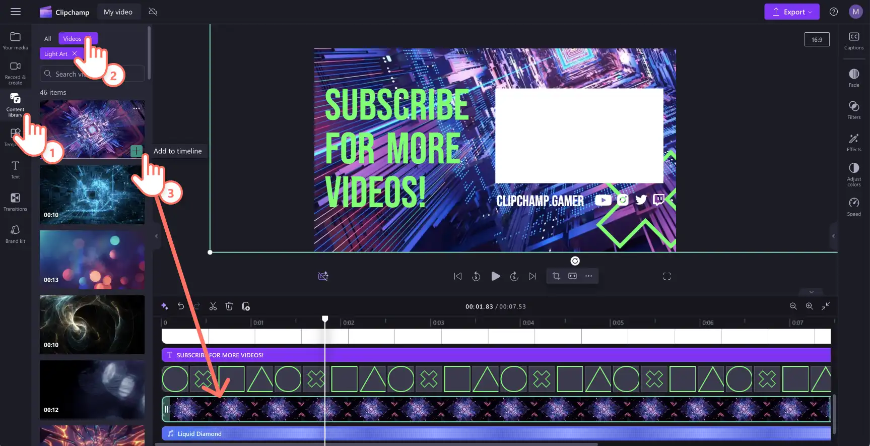 Ein Bild, das zeigt, wie ein Benutzer Stockmedien in Clipchamp ersetzt