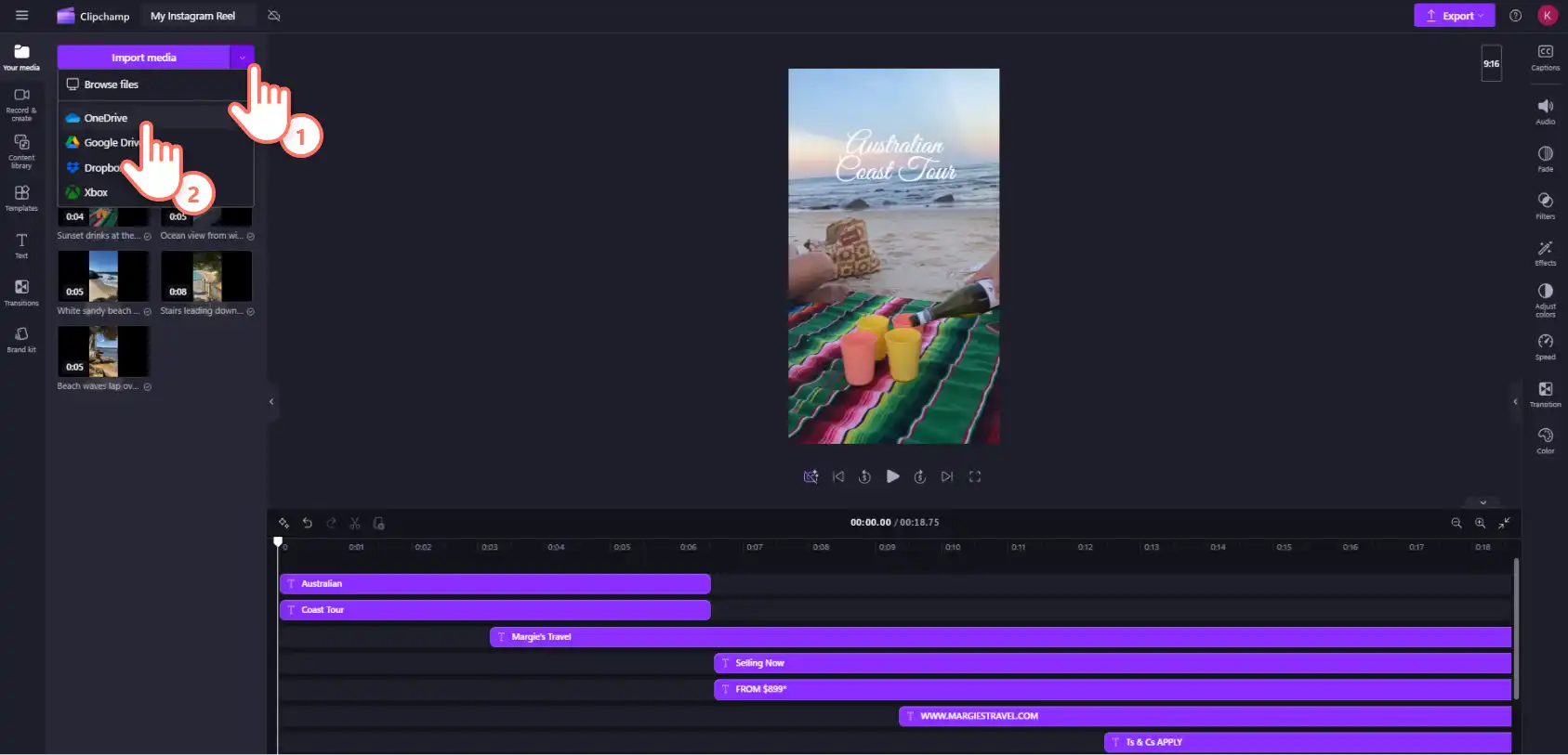 Người dùng Clipchamp đang nhập phương tiện vào trình biên tập video.