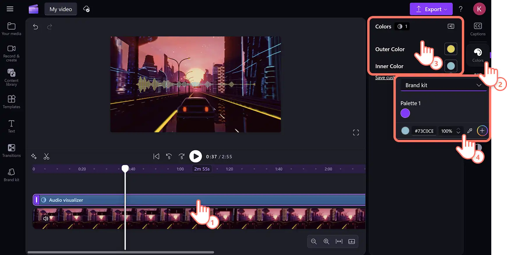 A user editing the colors of the music visualizer in Clipchamp video editor.