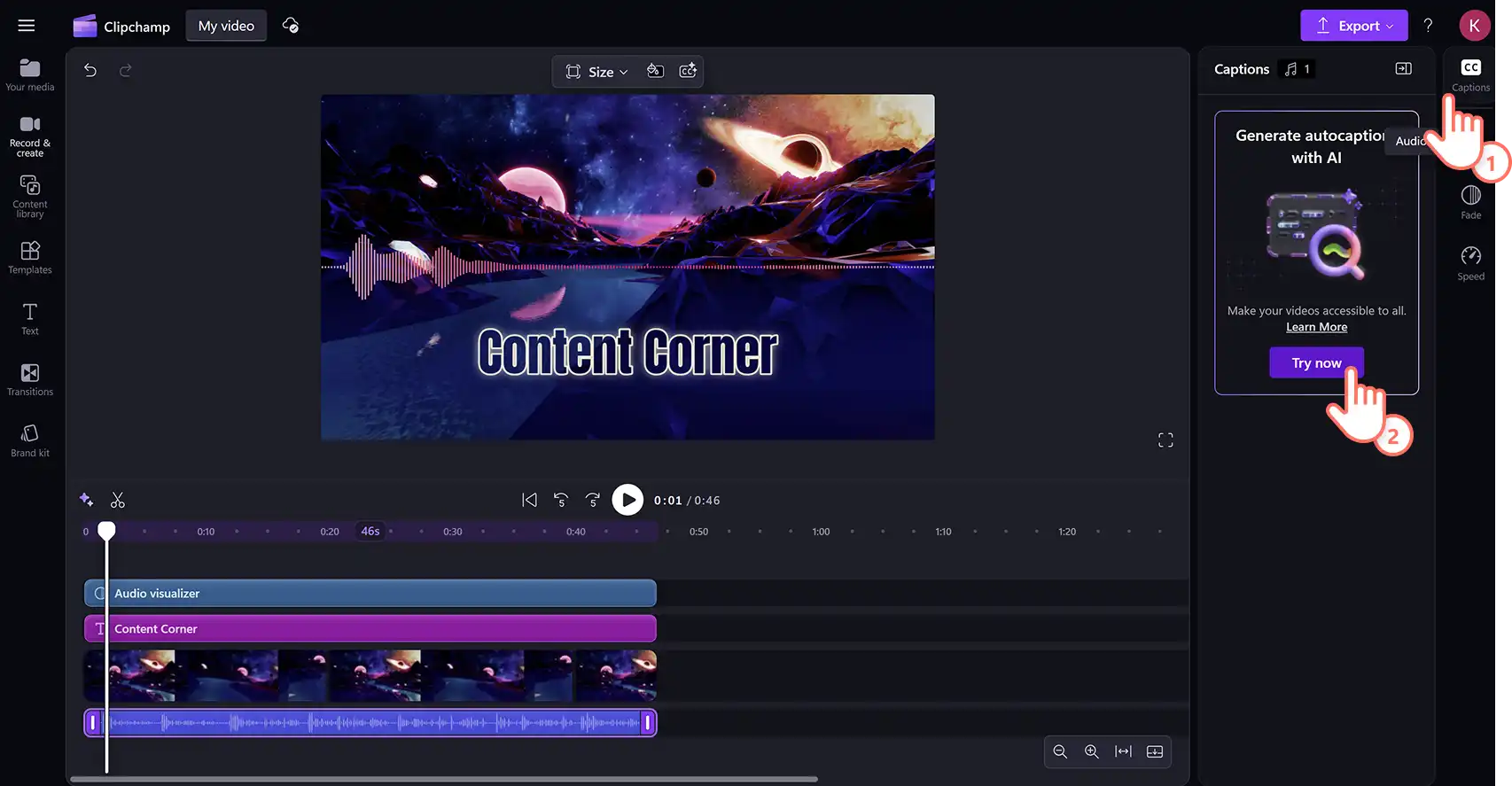 Un usuario activando subtítulos automáticos para un vídeo de podcast en el editor de vídeo Clipchamp.