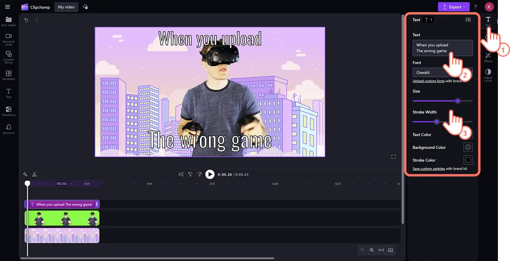 Một người dùng đang cá nhân hóa văn bản meme cho video green screen trong trình chỉnh sửa video Clipchamp. 