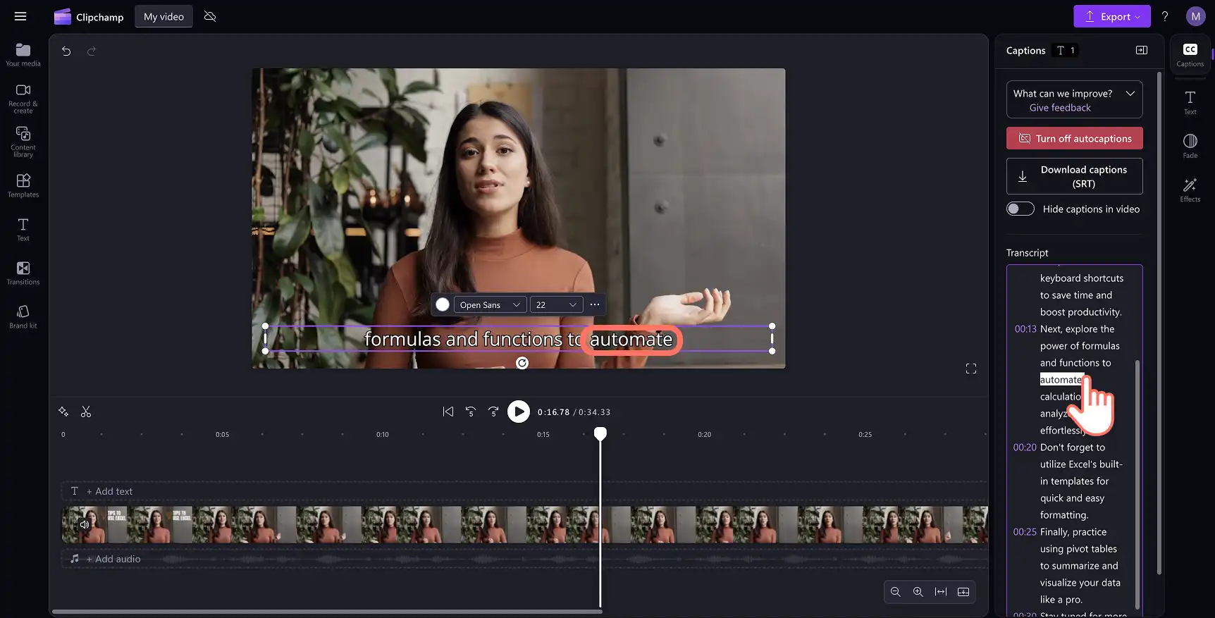 用户在 Clipchamp 字幕生成器中更新脚本