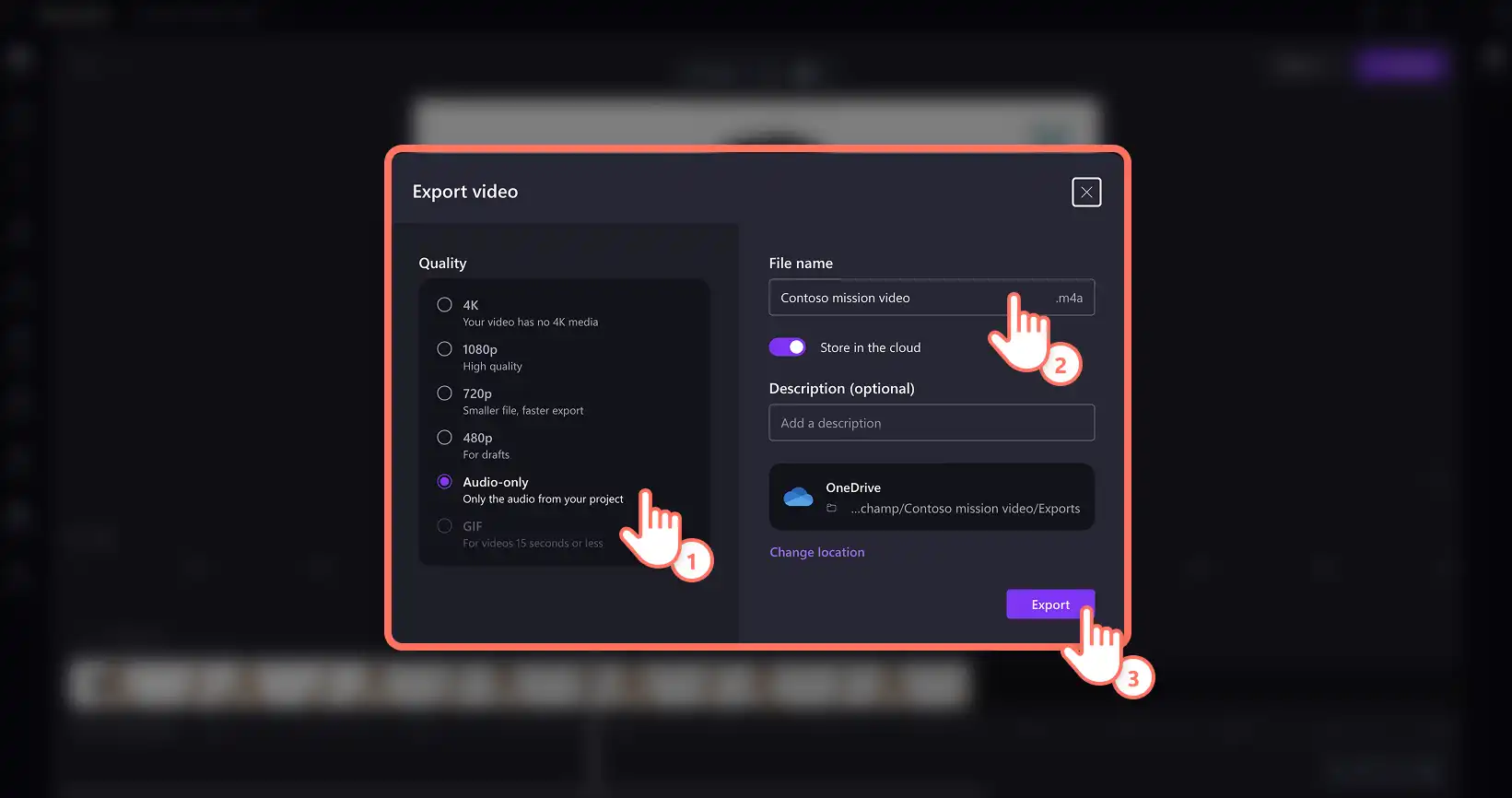 Un utente che salva file audio MP3 in Clipchamp per lavoro.