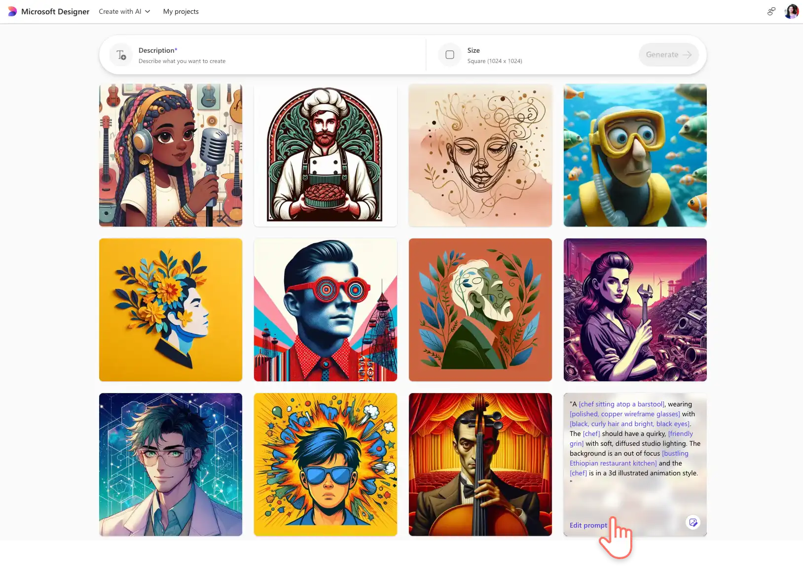 Pengguna menjelajahi avatar yang dibuat AI di Microsoft Image Creator