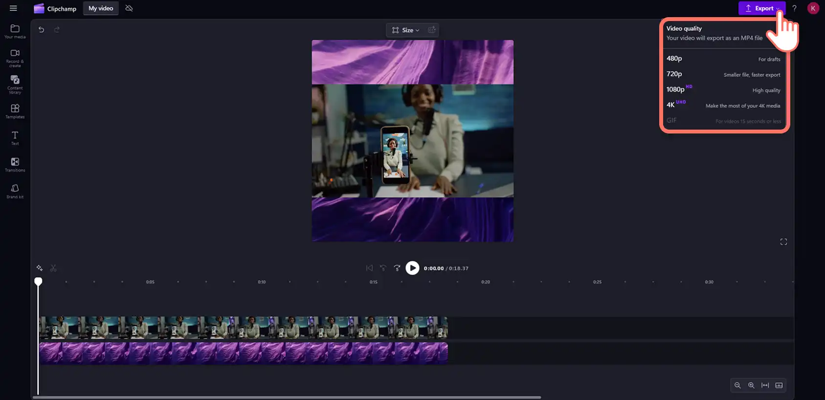 Clipchamp Instagram의 크기가 조정된 YouTube 동영상을 내보내는 사용자입니다. 