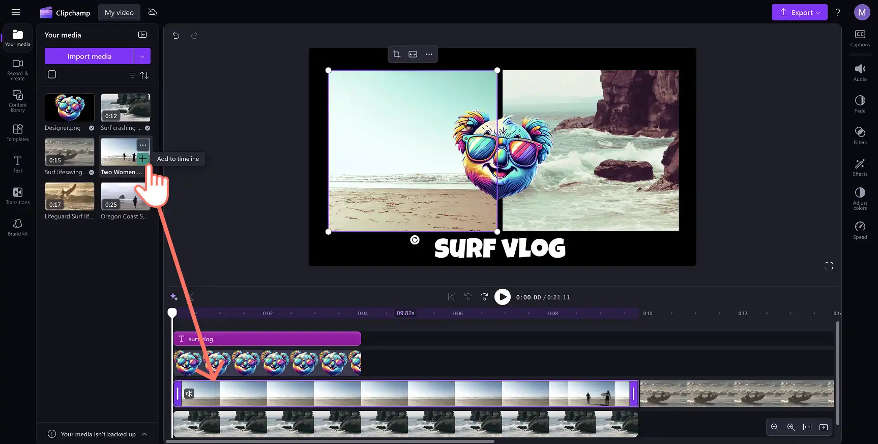 Một người dùng đang sắp xếp các video và nhãn dán trên dòng thời gian để tạo video trong Clipchamp