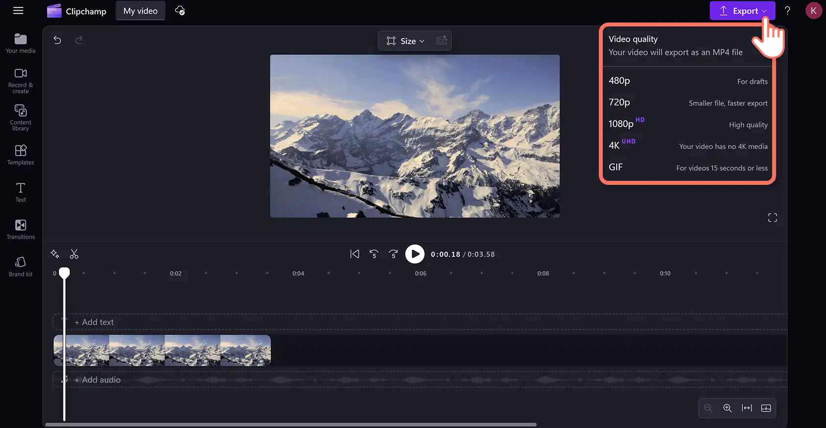 Pengguna mengekspor klip video yang telah dibagi di Clipchamp.