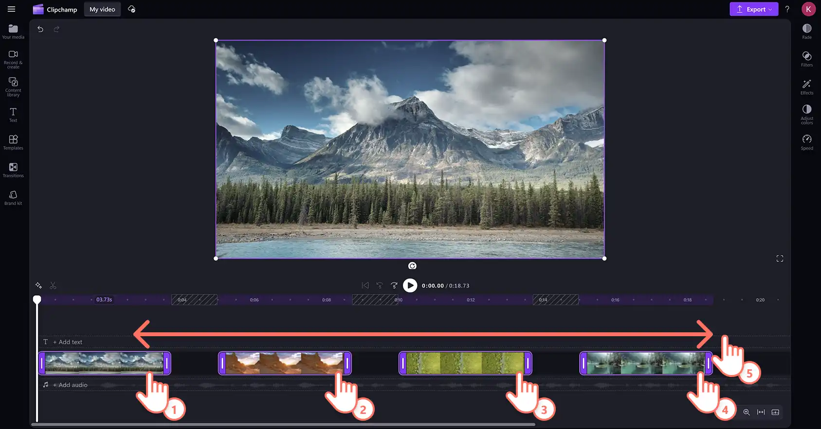 Un utente che taglia la lunghezza di più clip nella sequenza temporale in Clipchamp editor video. 
