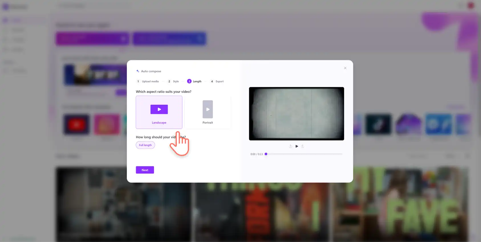 Syot layar seorang pengguna Clipchamp memilih nisbah aspek dan kepanjangan video menggunakan autogubah.
