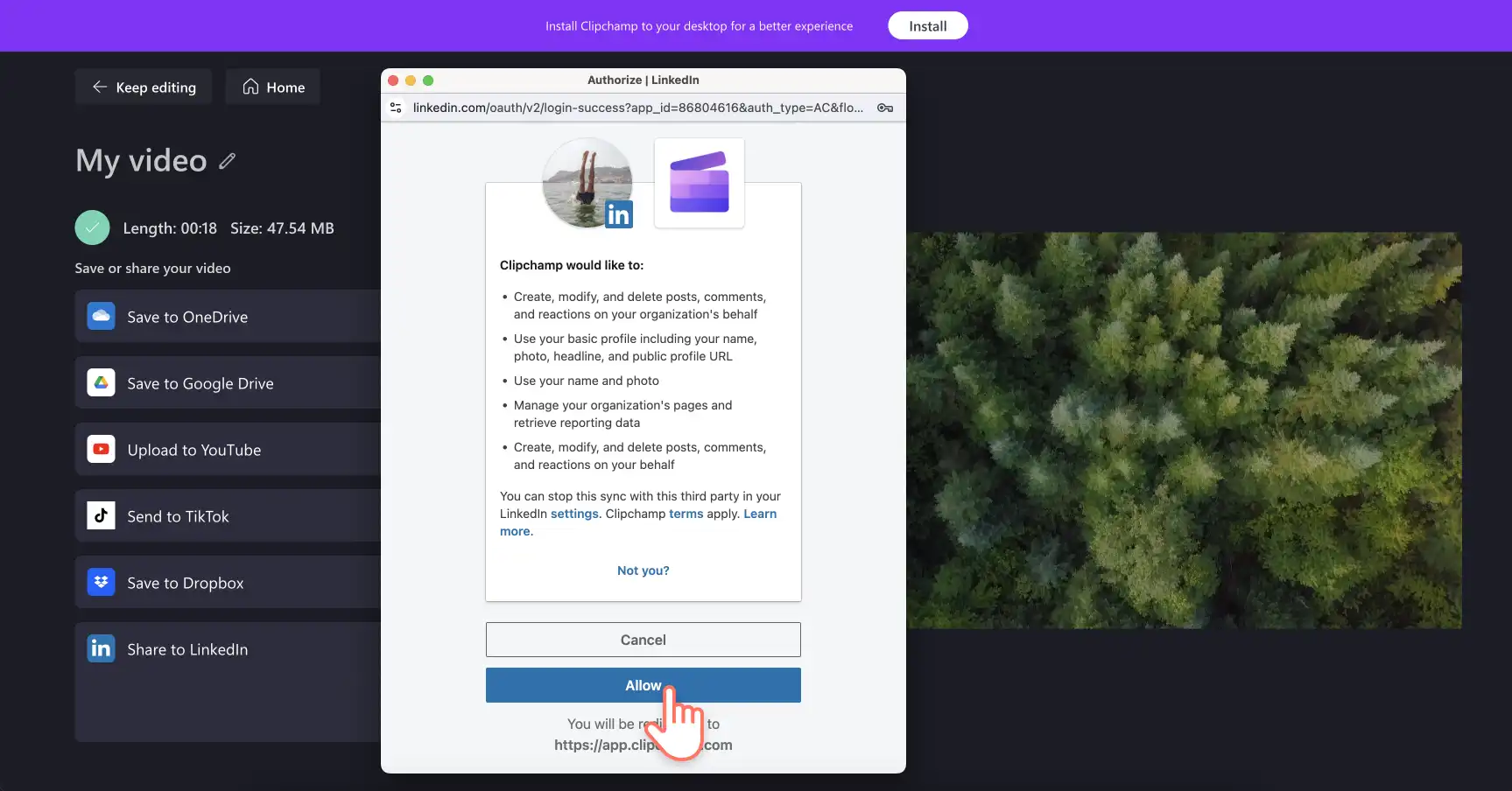 LinkedIn-ге кіру рұқсатын Clipchamp-қа беріп жатқан пайдаланушының суреті.