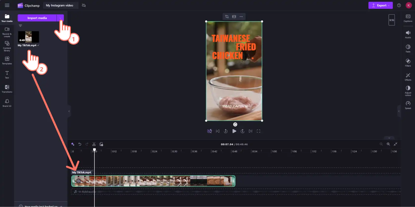 Et billede af en Clipchamp-burger, der har uploadet en TikTok-video til Clipchamp, som trækker og slipper sit klip til redigeringstidslinjen.