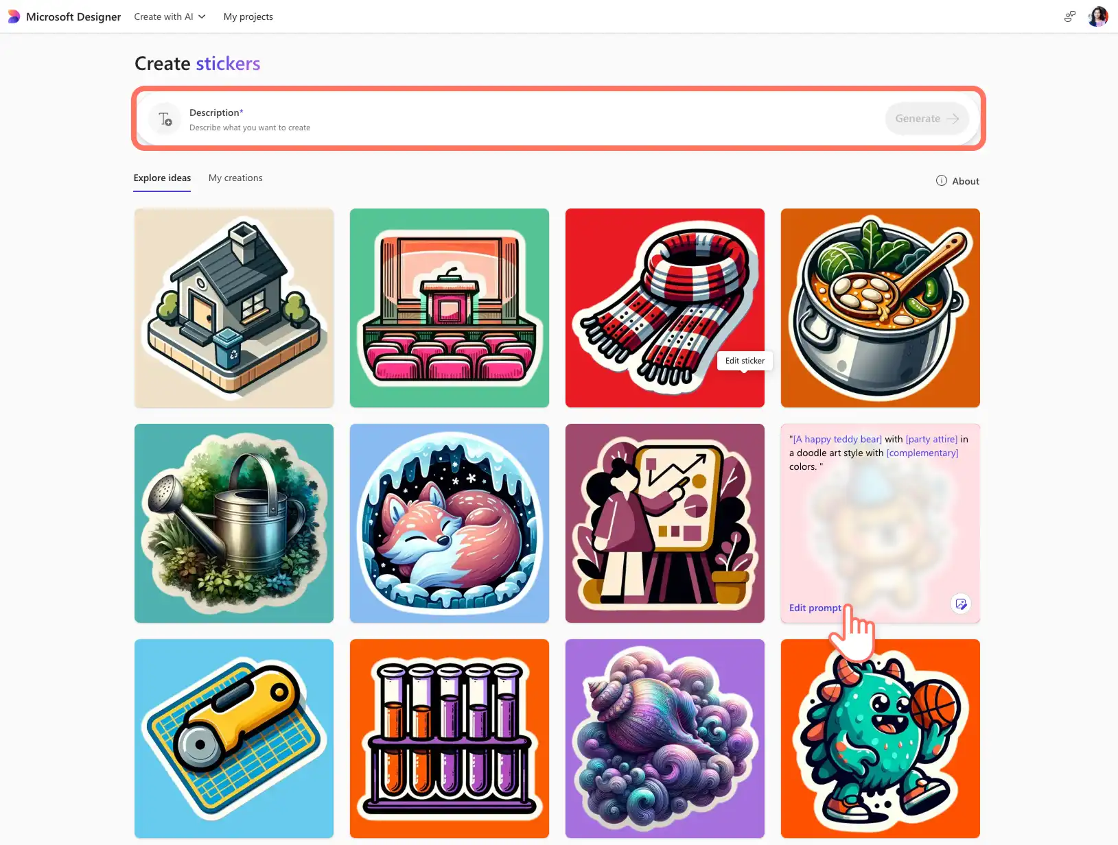 Pengguna menjelajahi gaya stiker AI di alat Microsoft Designer