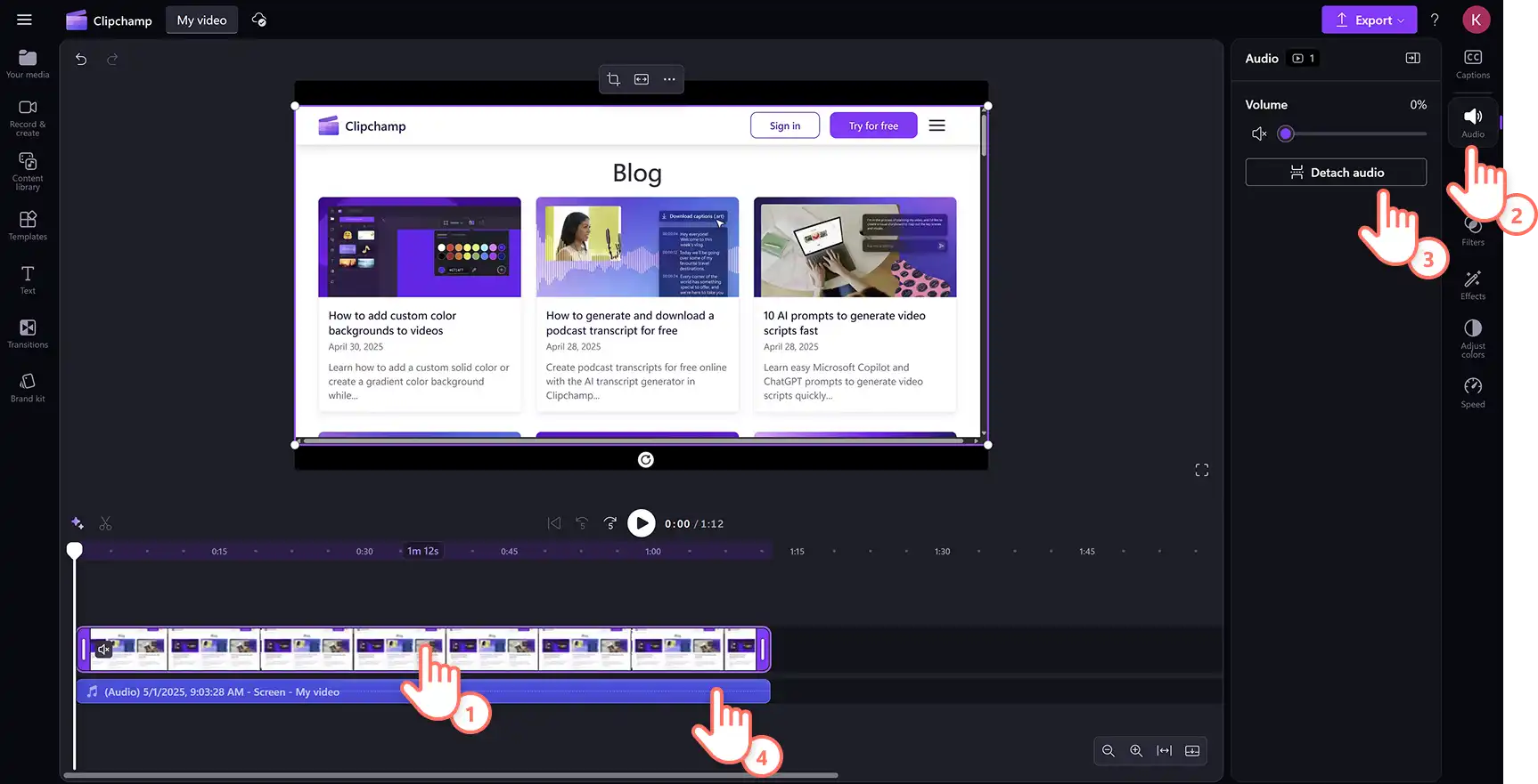 Käyttäjä irrottamassa ääntä näyttötallenteesta Clipchamp-videoeditorissa.