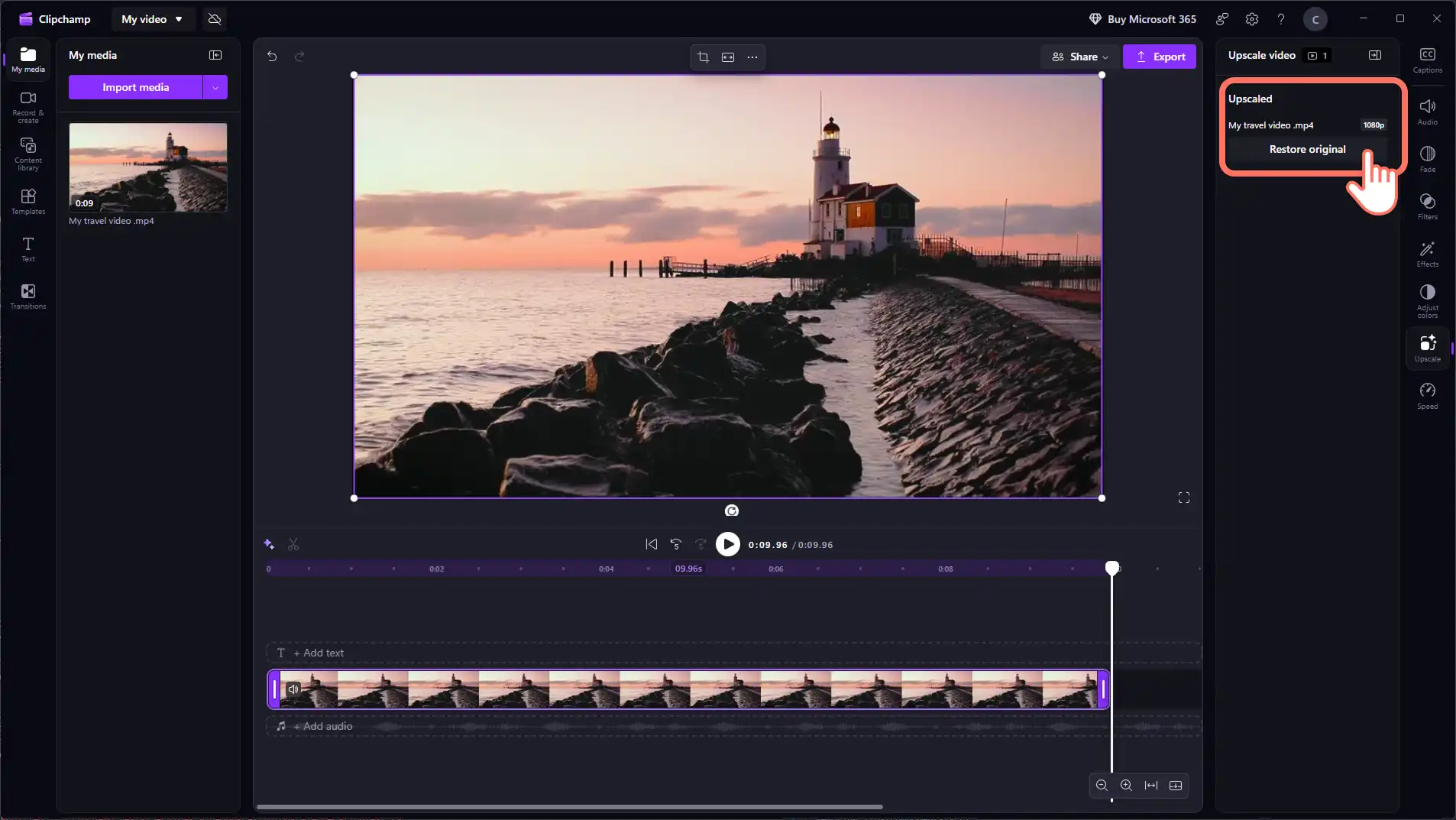 [元の復元] を使用して Clipchamp Windows アプリで動画のアップスケーリングを反転する