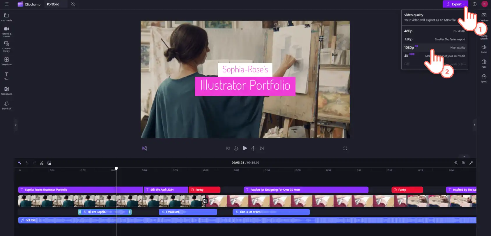 Un utente Clipchamp esporta un video con una risoluzione HD 1080p.