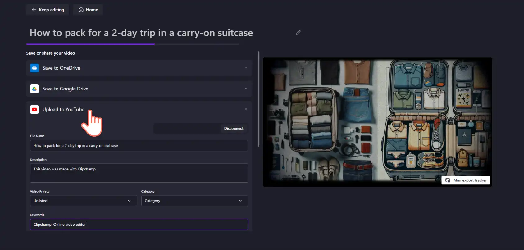 A screenshot of a Clipchamp user selecting the YouTube integration in the Export window.
