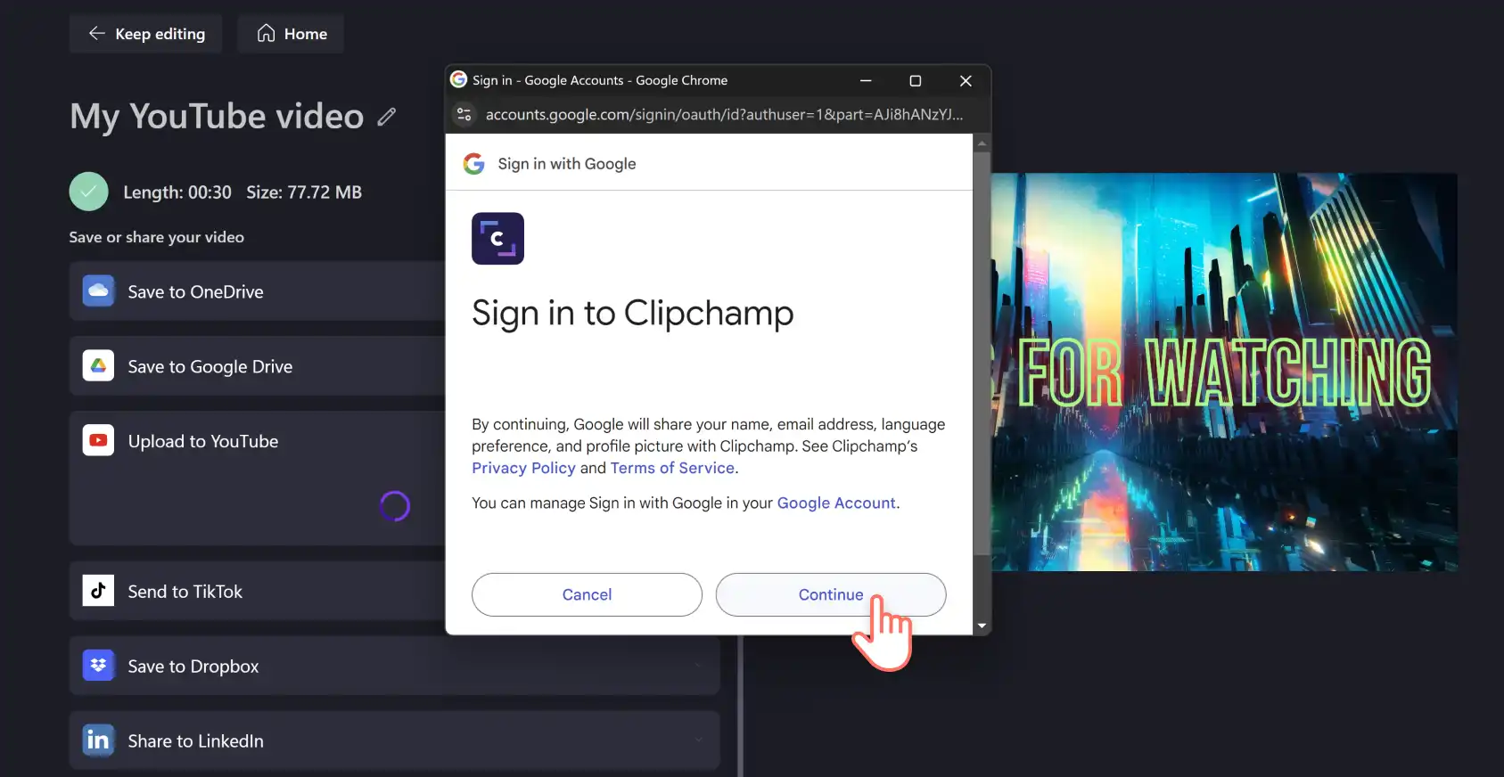 Image d’un utilisateur de Clipchamp cliquant sur le bouton Continuer pour se connecter à son compte YouTube à partir de Clipchamp.