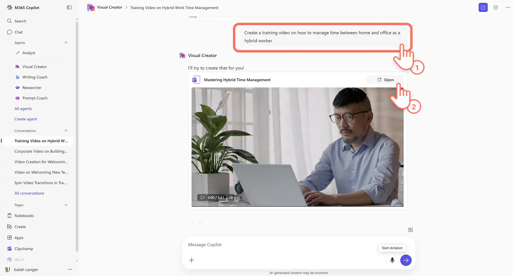 Una persona che crea un video di formazione con l'IA utilizzando Visual Creator in Microsoft Copilot.