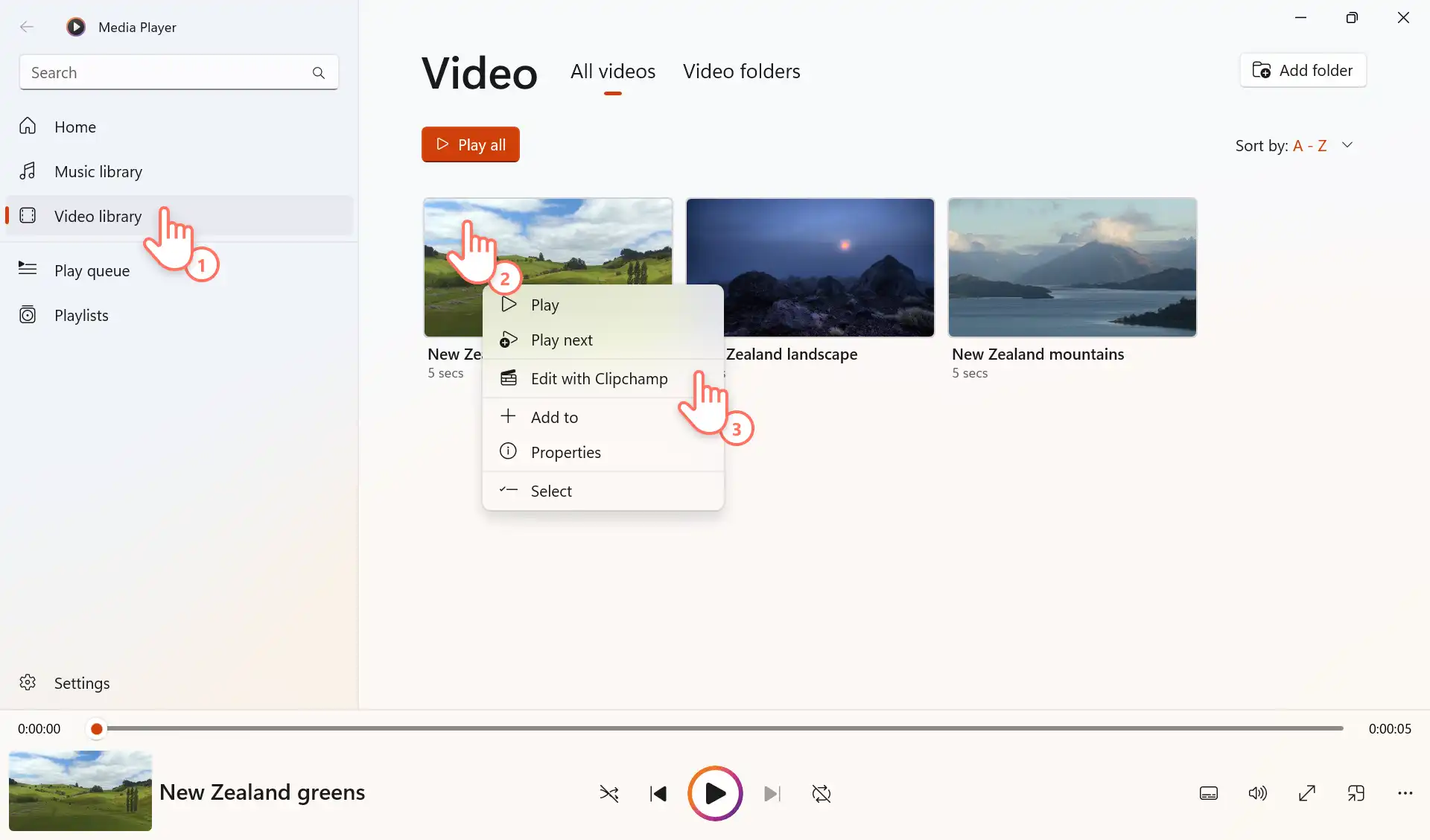 Windows Media ойнатқышының видеолар кітапханасы сипаттарының панеліндегі "Clipchamp-пен өңдеу"