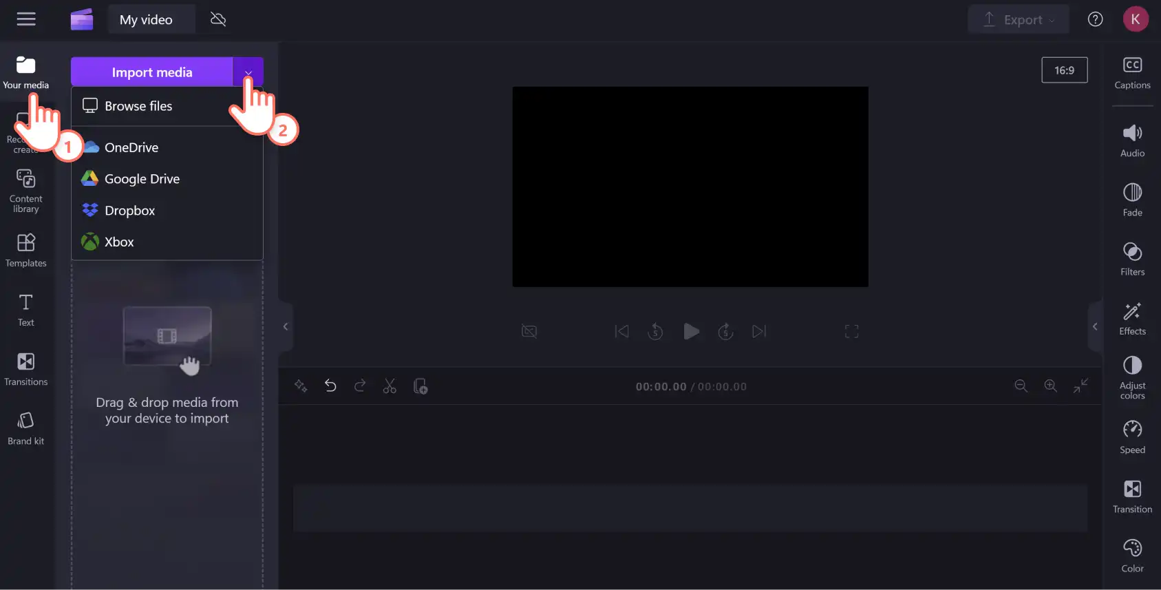An image of a Clipchamp user importing media into the your media tab.
