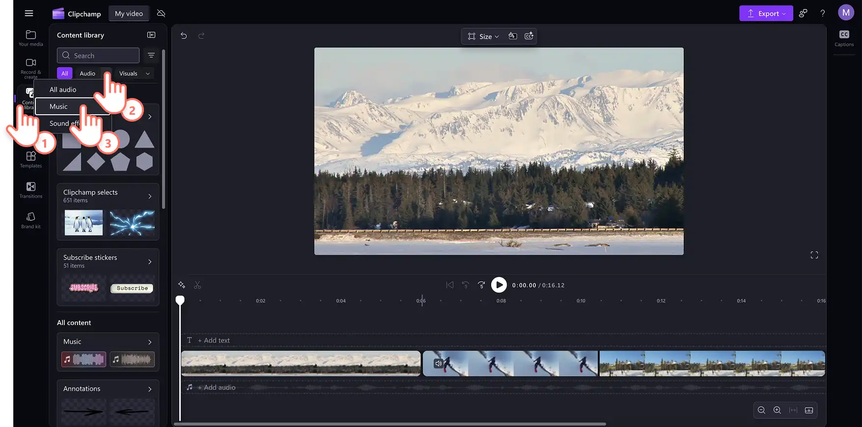 A user searching for royalty-free music in the Clipchamp content library.