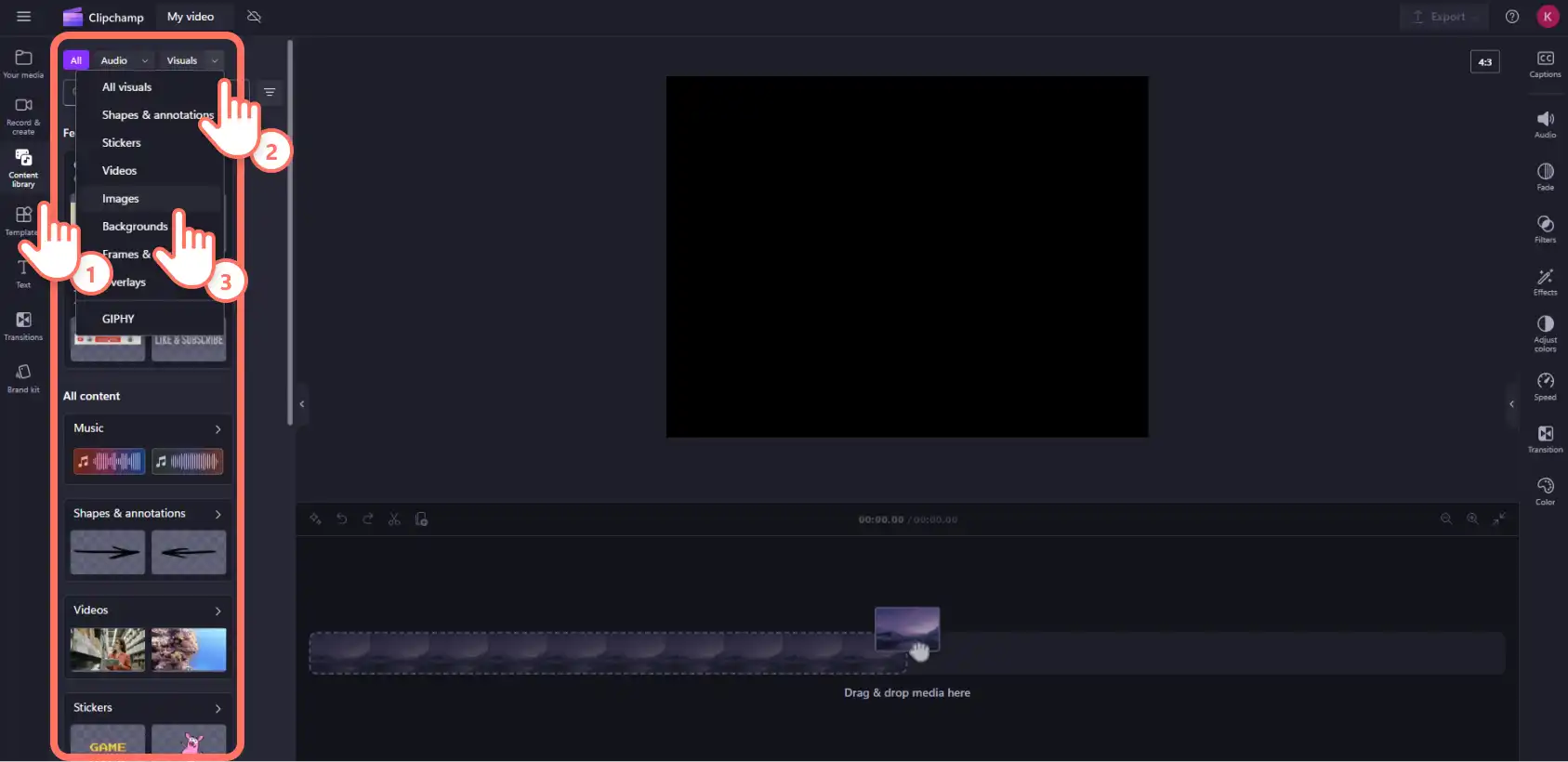 A user searching for images in the Clipchamp content library.