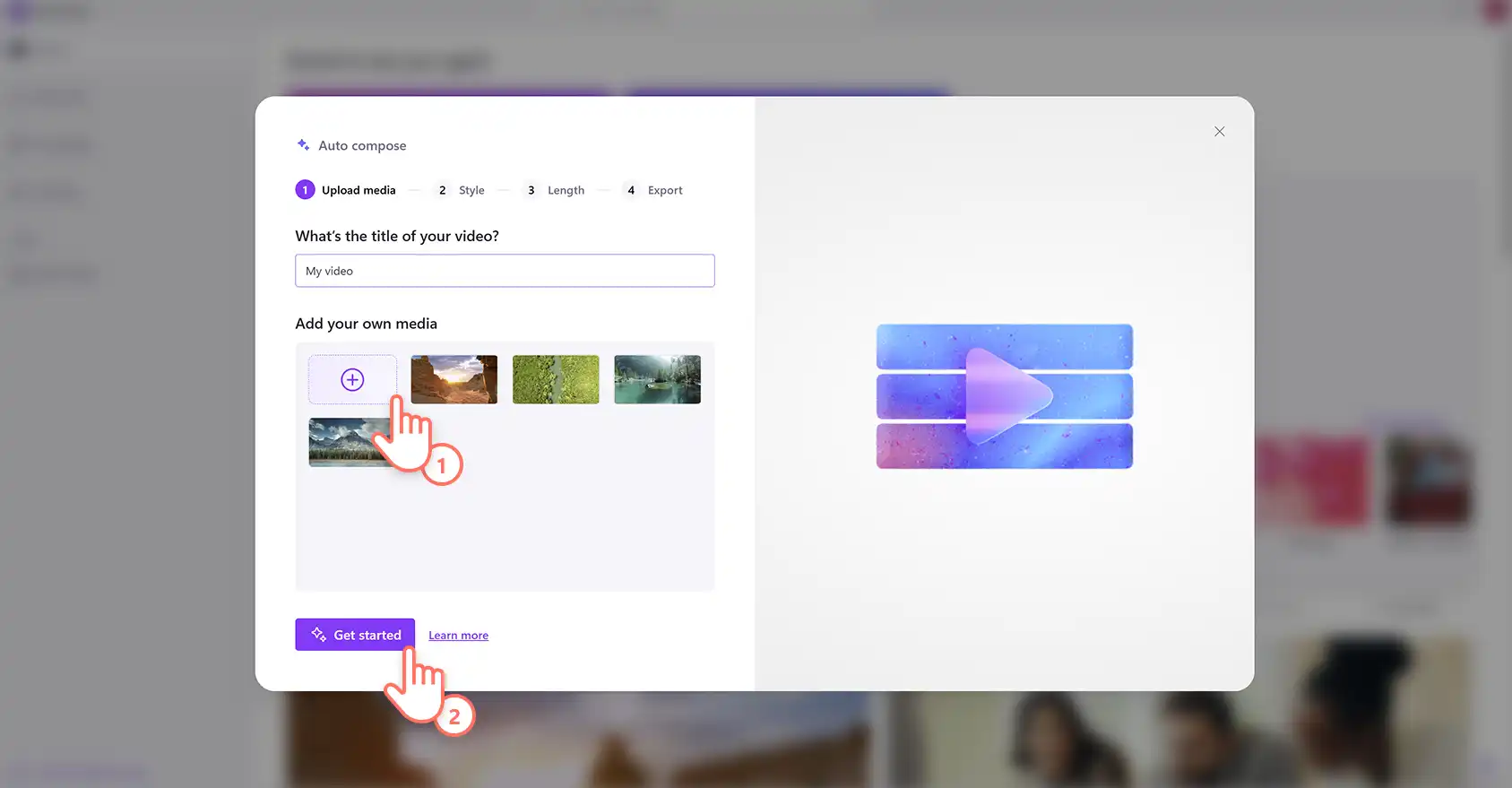 Un utente che unisce video con l'editor video AI in Clipchamp. 