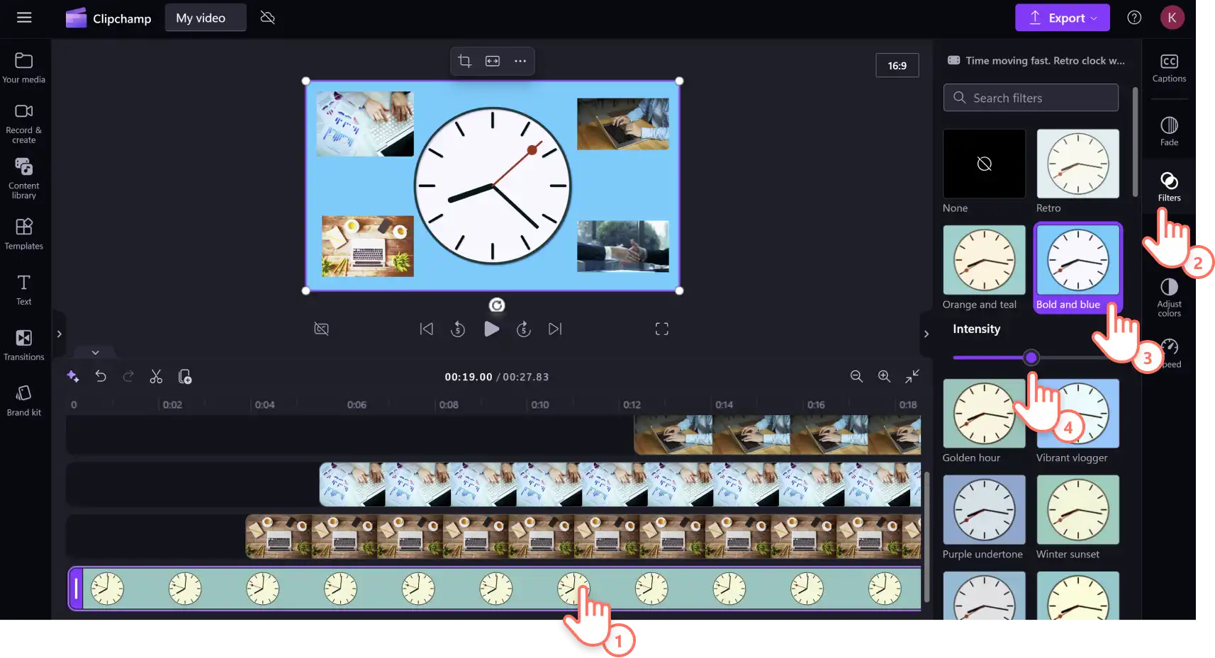 En bruger, der føjer et filter til en videosamling i Clipchamp.