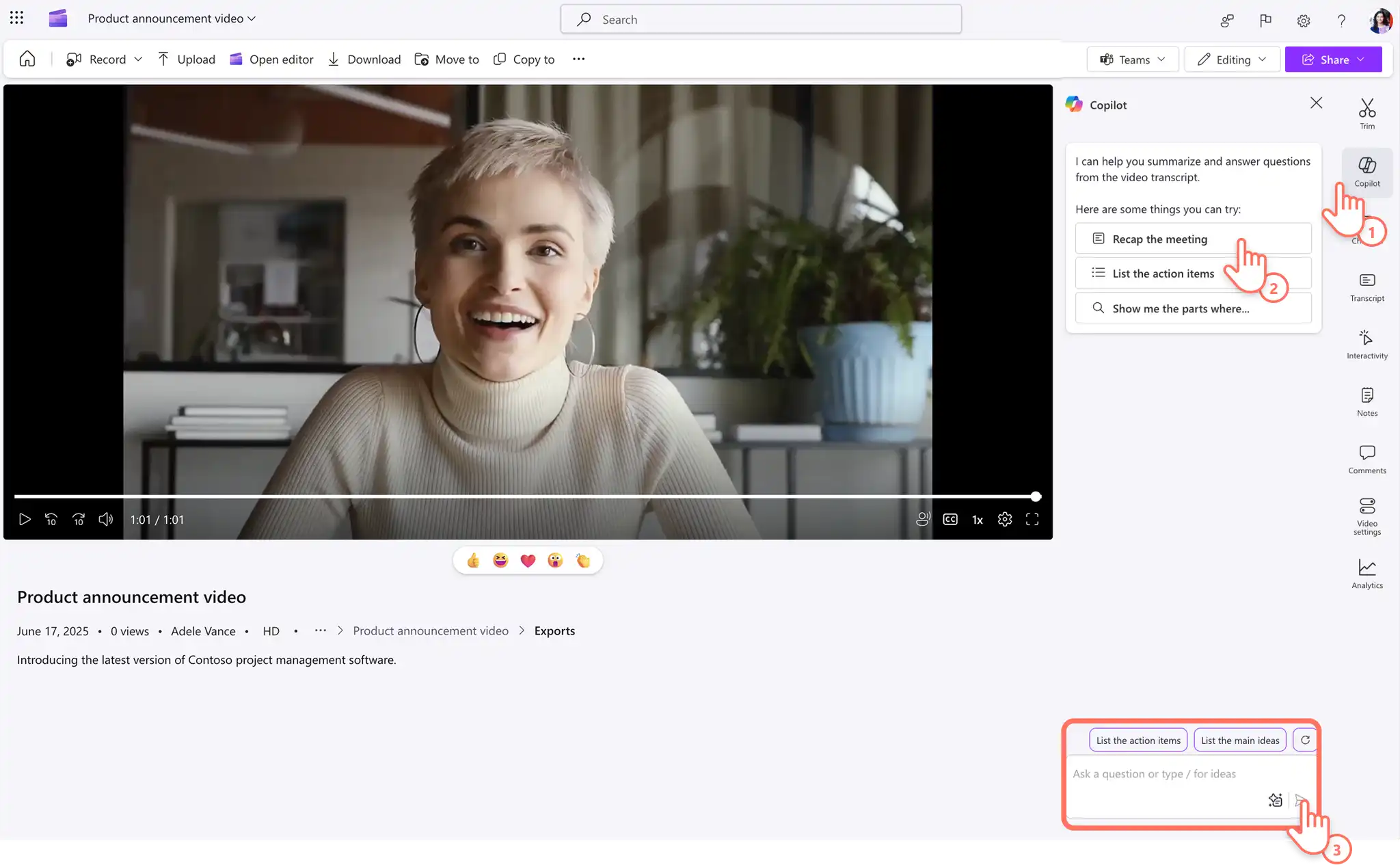 En bruger beder Copilot i Clipchamp om at generere en opsummering af videoen