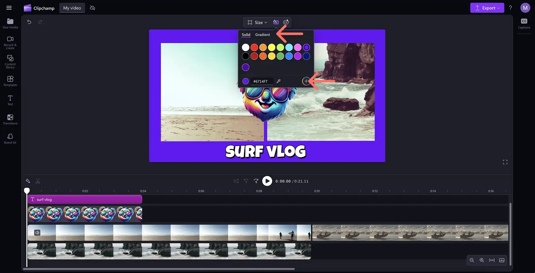 Một người dùng đang thêm mã HEX tùy chỉnh hoặc tạo nền chuyển màu trong Clipchamp