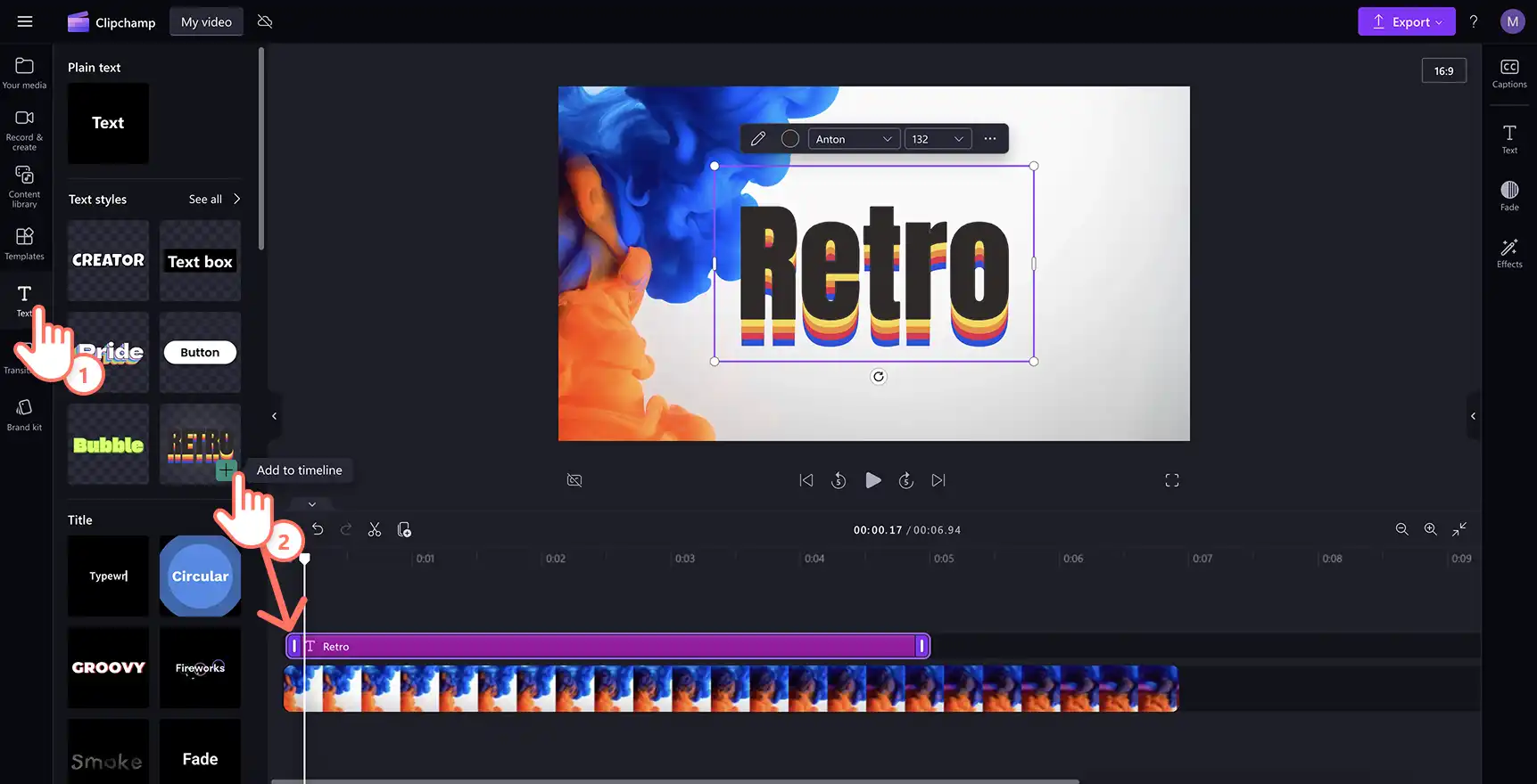 用户在 Clipchamp 的“文本”选项卡选择标题。