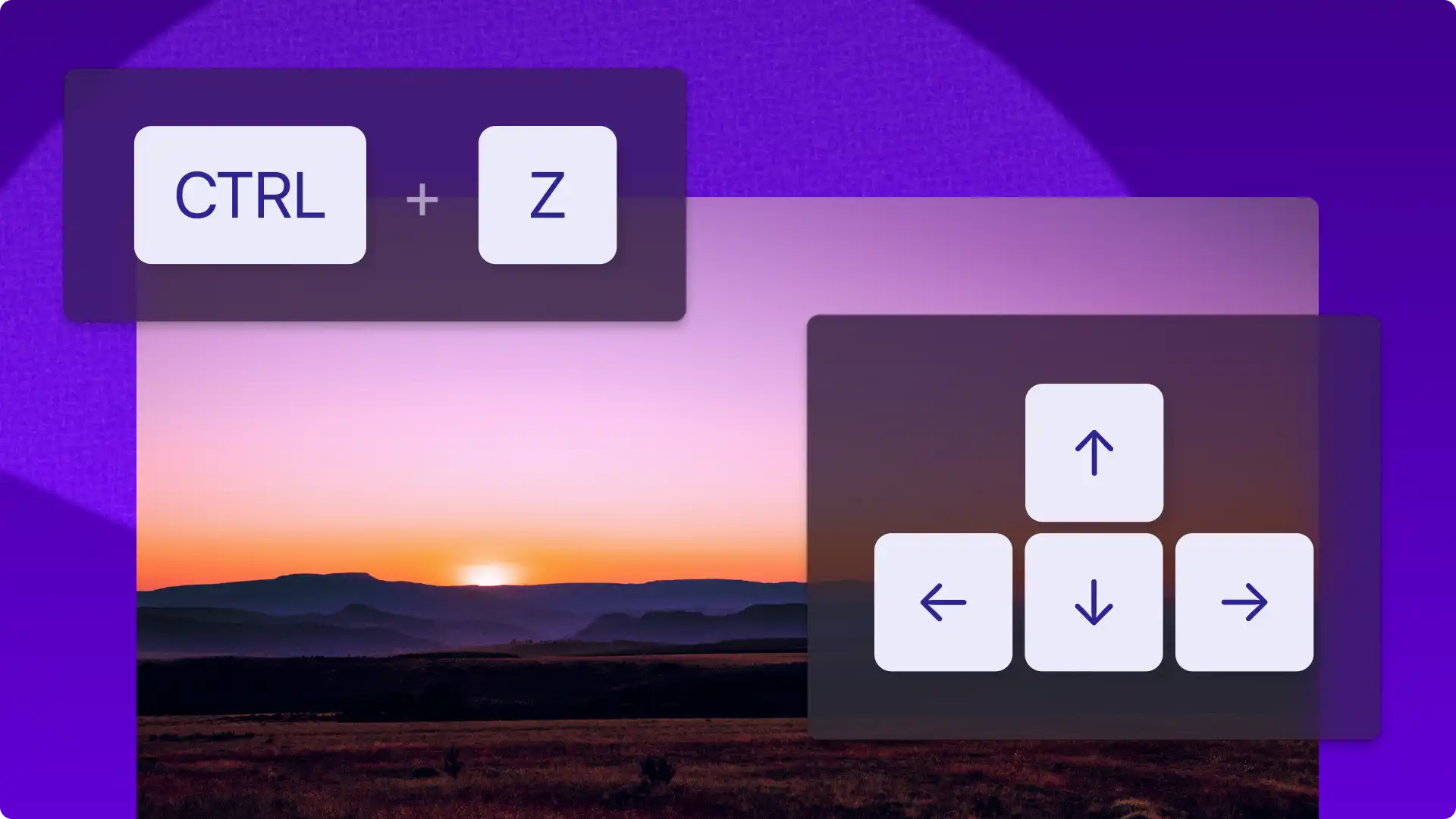 Imej abstrak butang CTRL + Z dan anak panah serta imej yang sedang diedit dalam editor video Clipchamp.
