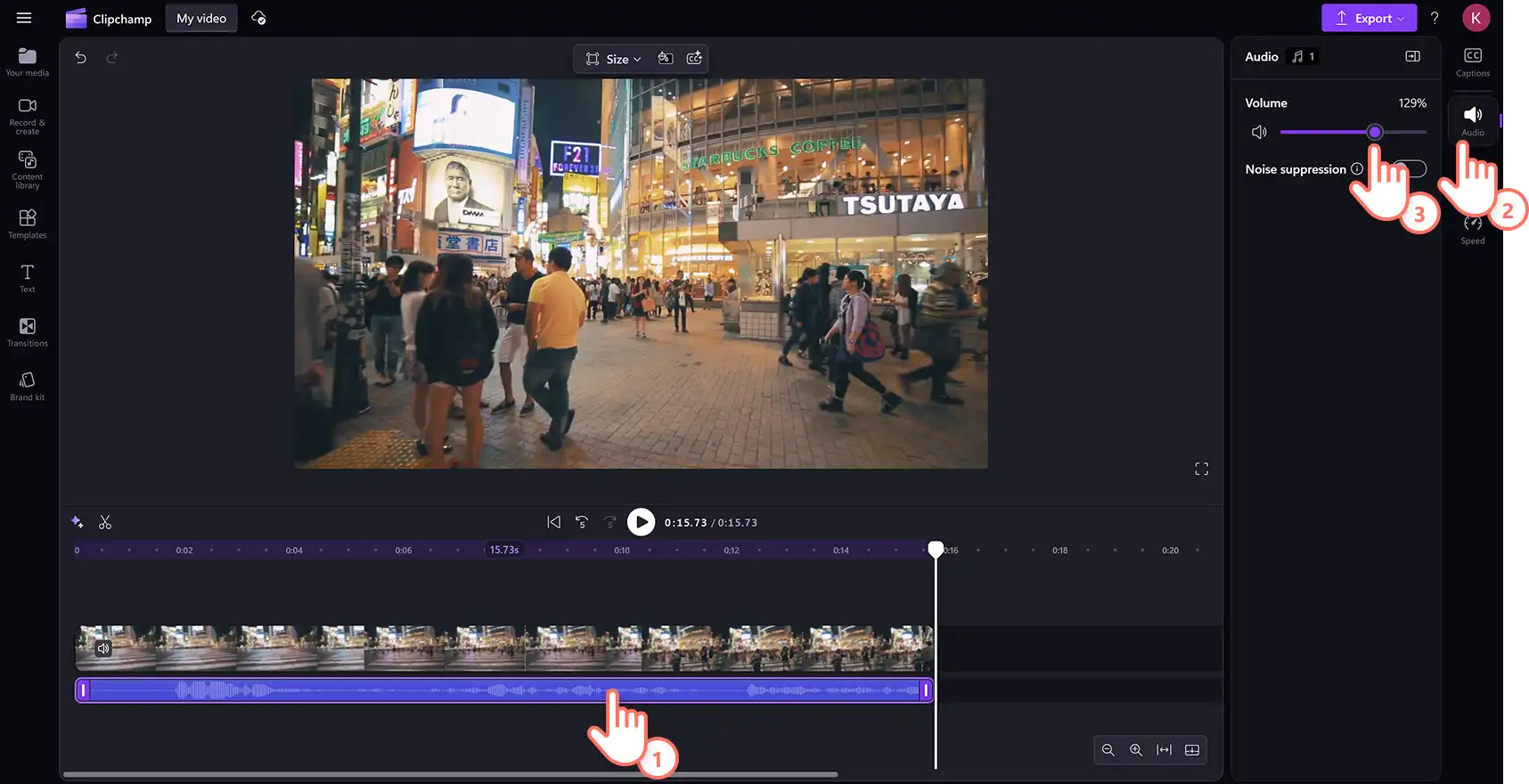 Een gebruiker verhoogt het volume van een MP3-bestand met de geluidversterker in de Clipchamp-video-editor.