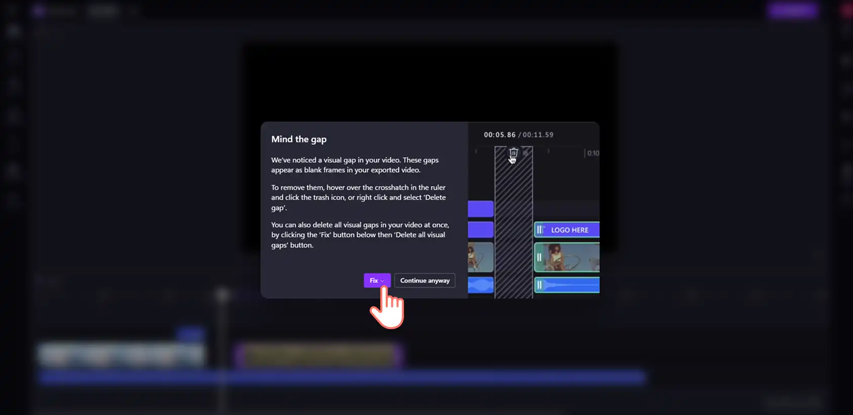 Uma notificação de atenção às lacunas no editor de vídeo Clipchamp.