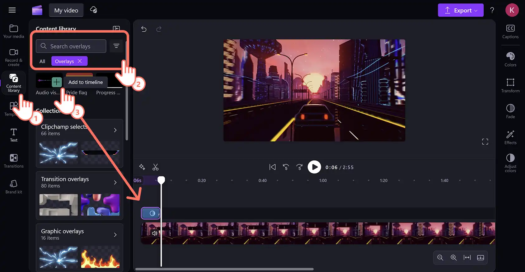 A user adding the music visualizer to a video in Clipchamp video editor.