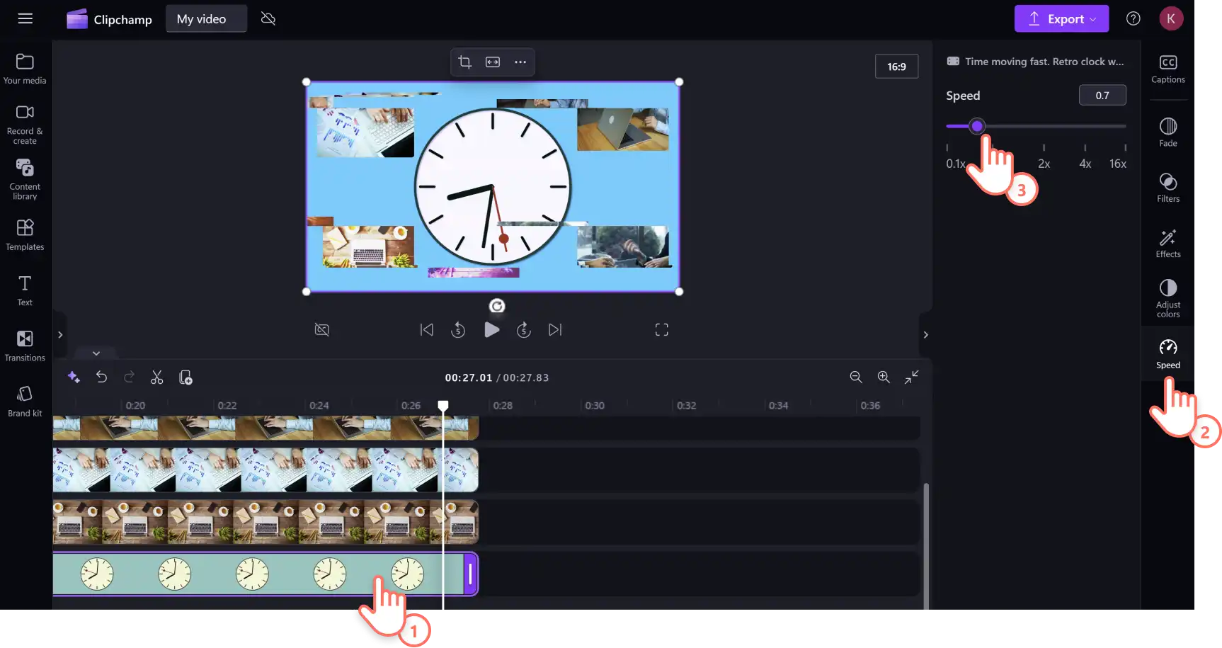 En bruger, der justerer hastigheden for et videosamlingsaktiv i Clipchamp.