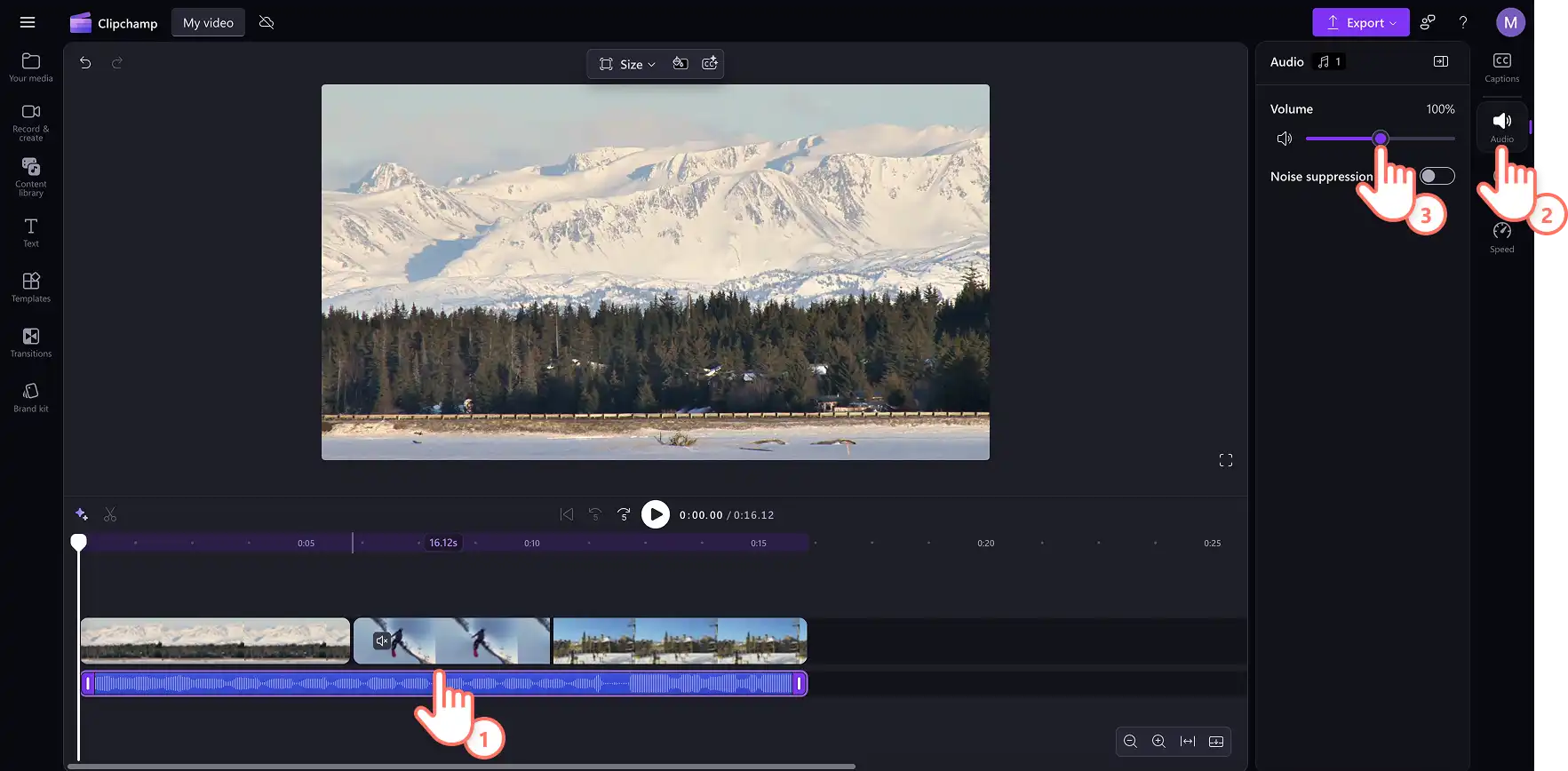 A user editing the volume of a royalty-free song in Clipchamp.