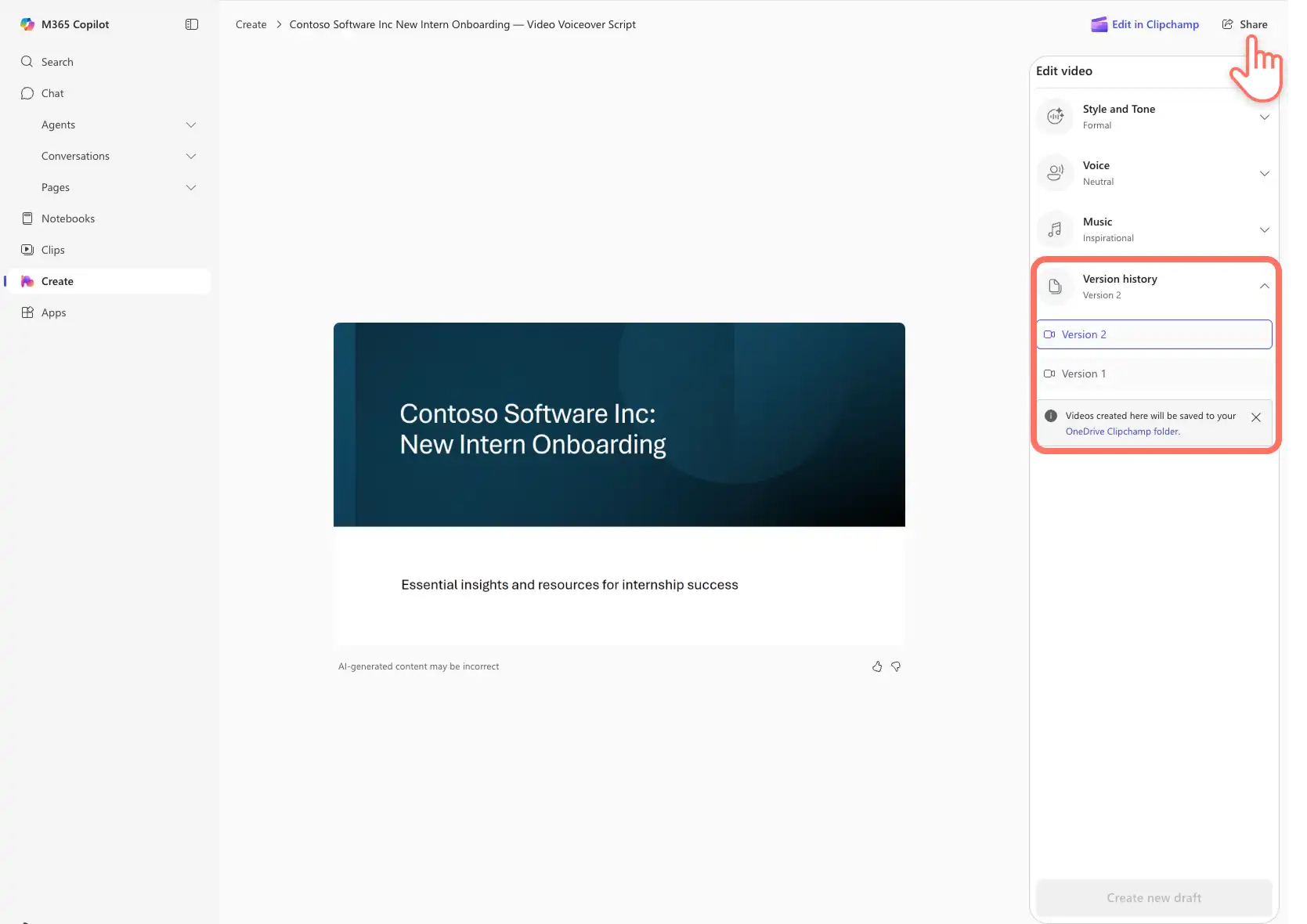 ผู้ใช้บันทึกและแชร์งานนําเสนอวิดีโอที่สร้างขึ้นโดย Microsoft Copilot ใน สร้างฮับ