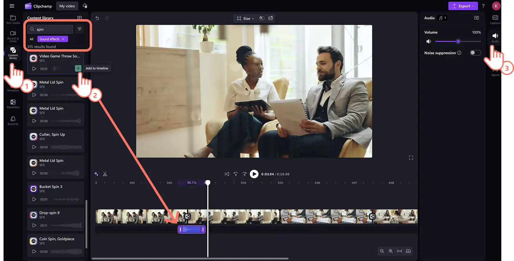 Seorang pengguna menambahkan efek suara pada transisi putar di editor video Clipchamp. 
