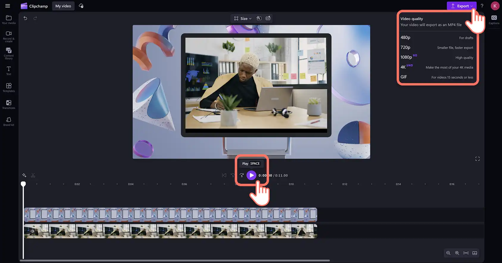 A user exporting a video with a frame in Clipchamp video editor.