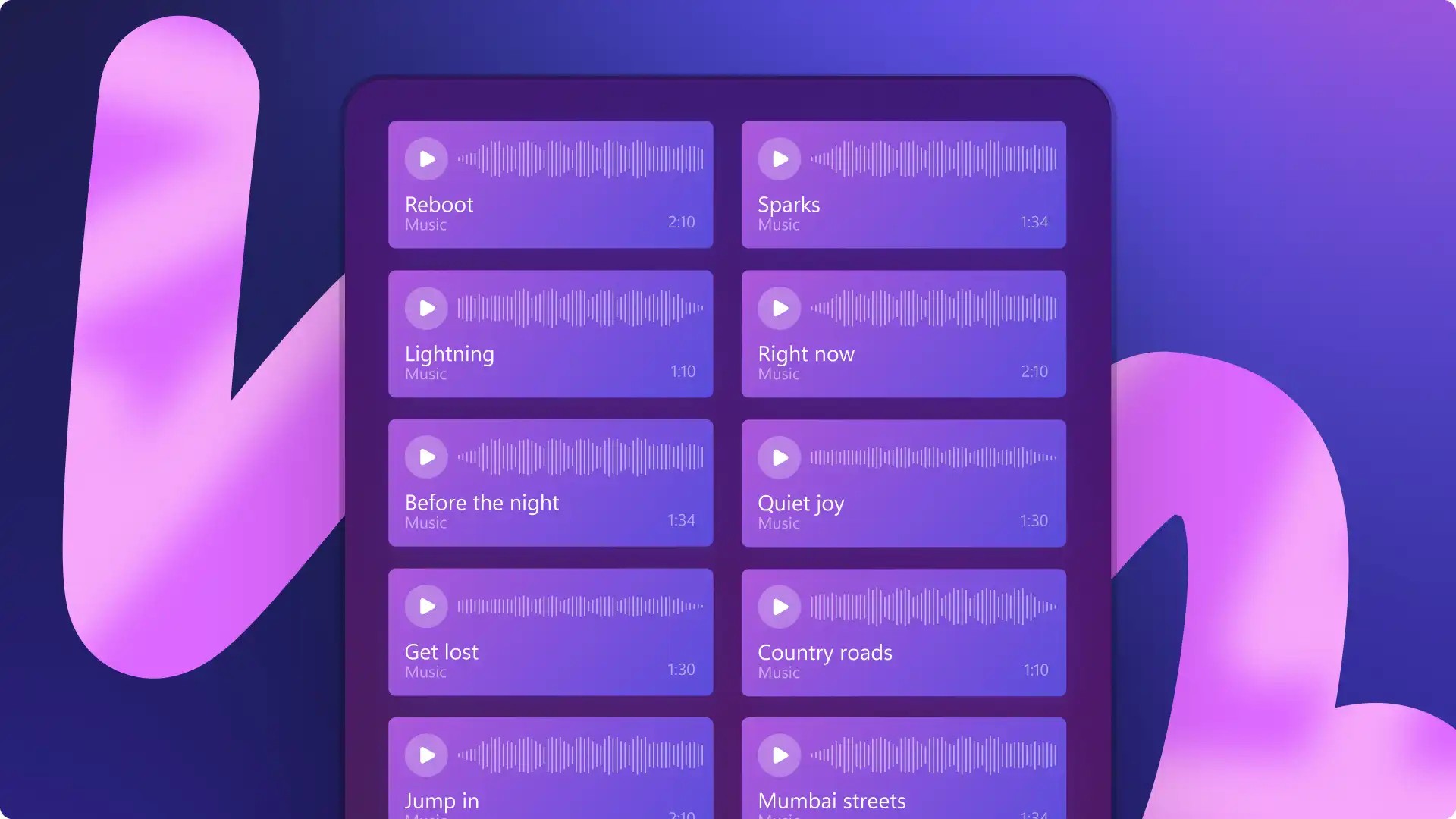 Imej pustaka muzik stok dalam Clipchamp. 