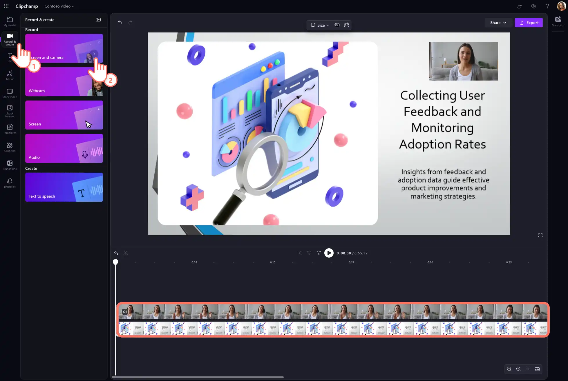 Clipchamp қызметінде PowerPoint өңдеп жатқан пайдаланушының суреті.